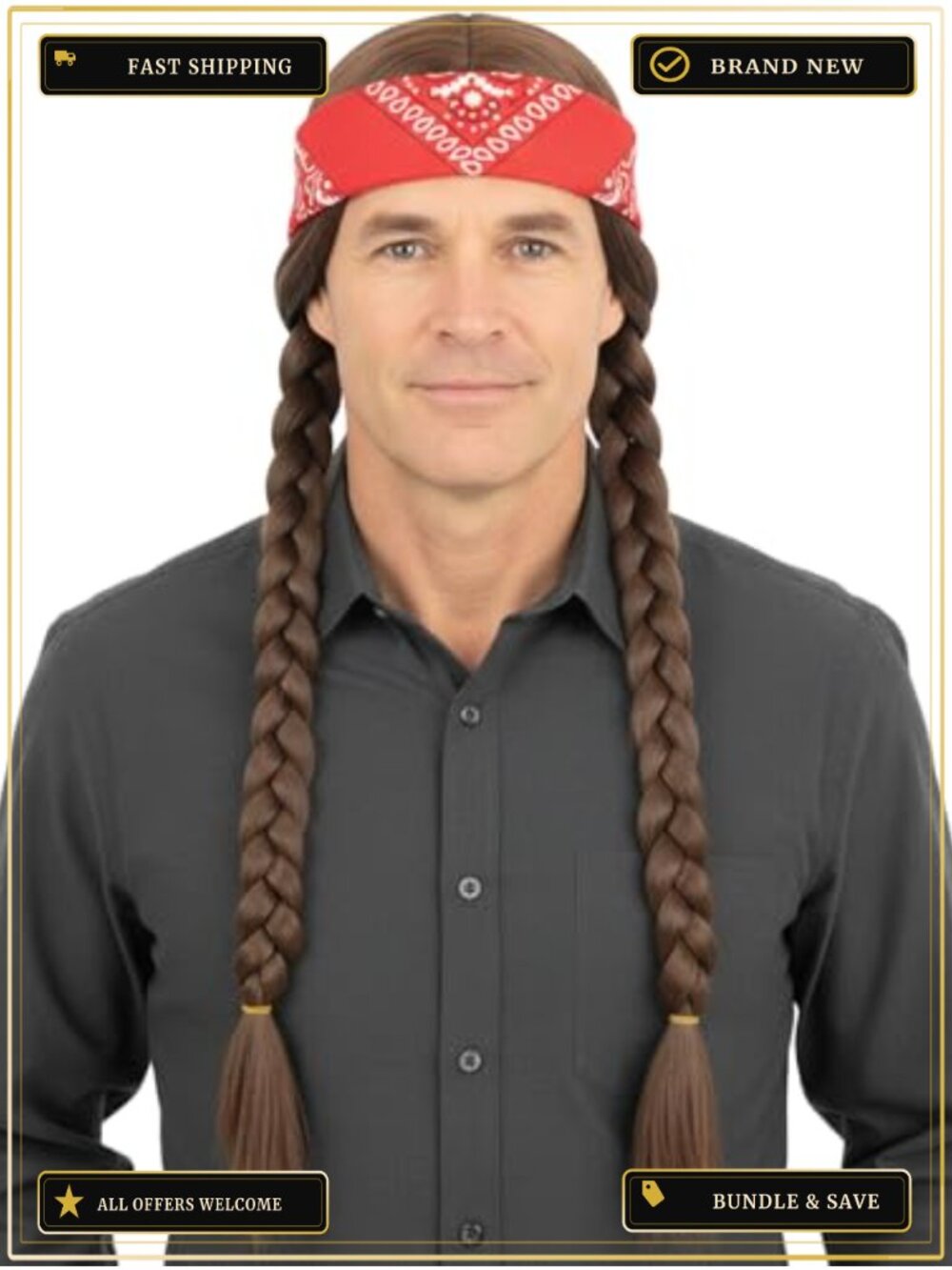 Mens Long Brown Braided Wig with Bandana 60s Hippie Costume